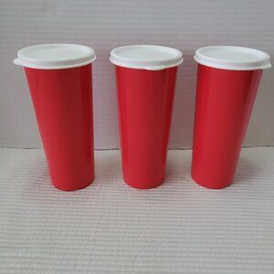 3 Tupperware Red Tumbler Cups With Lids 7"x3" 16oz Stackable Tall Vintage
